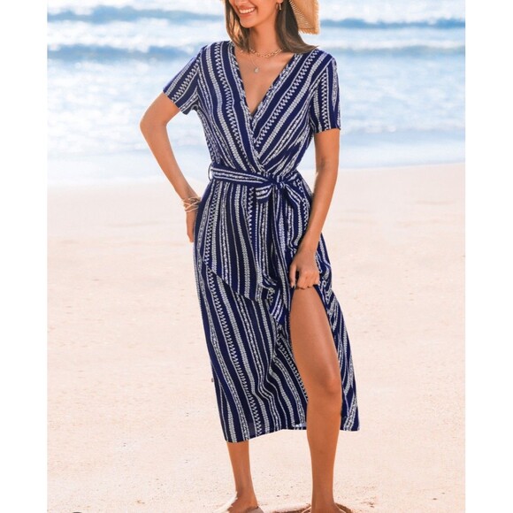 Cupshe Striped Crossover Dress Long Sz M Swim Coverup Beachy Blue White Striped - Picture 1 of 9